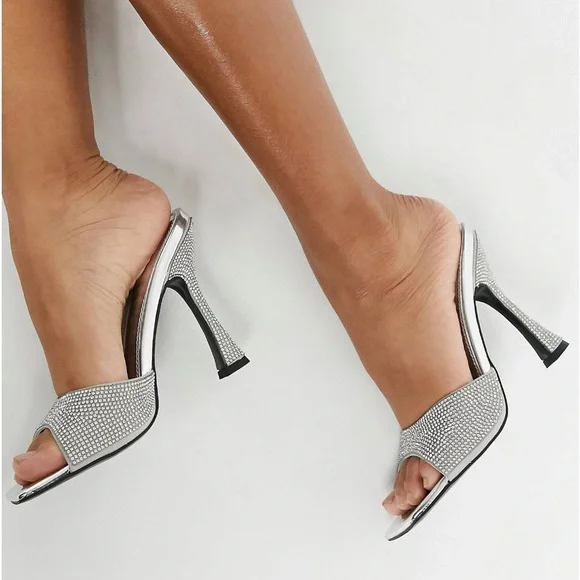 ASOS Shoes Asos Design Nero Square Toe Mules In Diamante Size